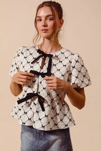 Contrast Bow Textured Peplum Top -