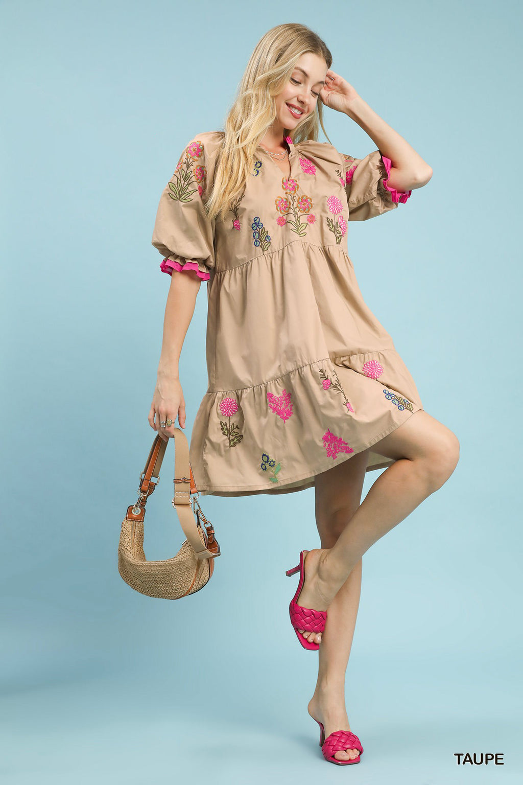 Embroidered Floral Tiered Mini Dress - TAUPE