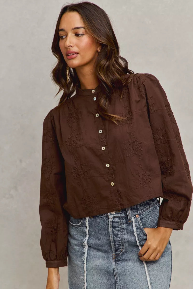 3D Floral Woven Button Front Shirt -