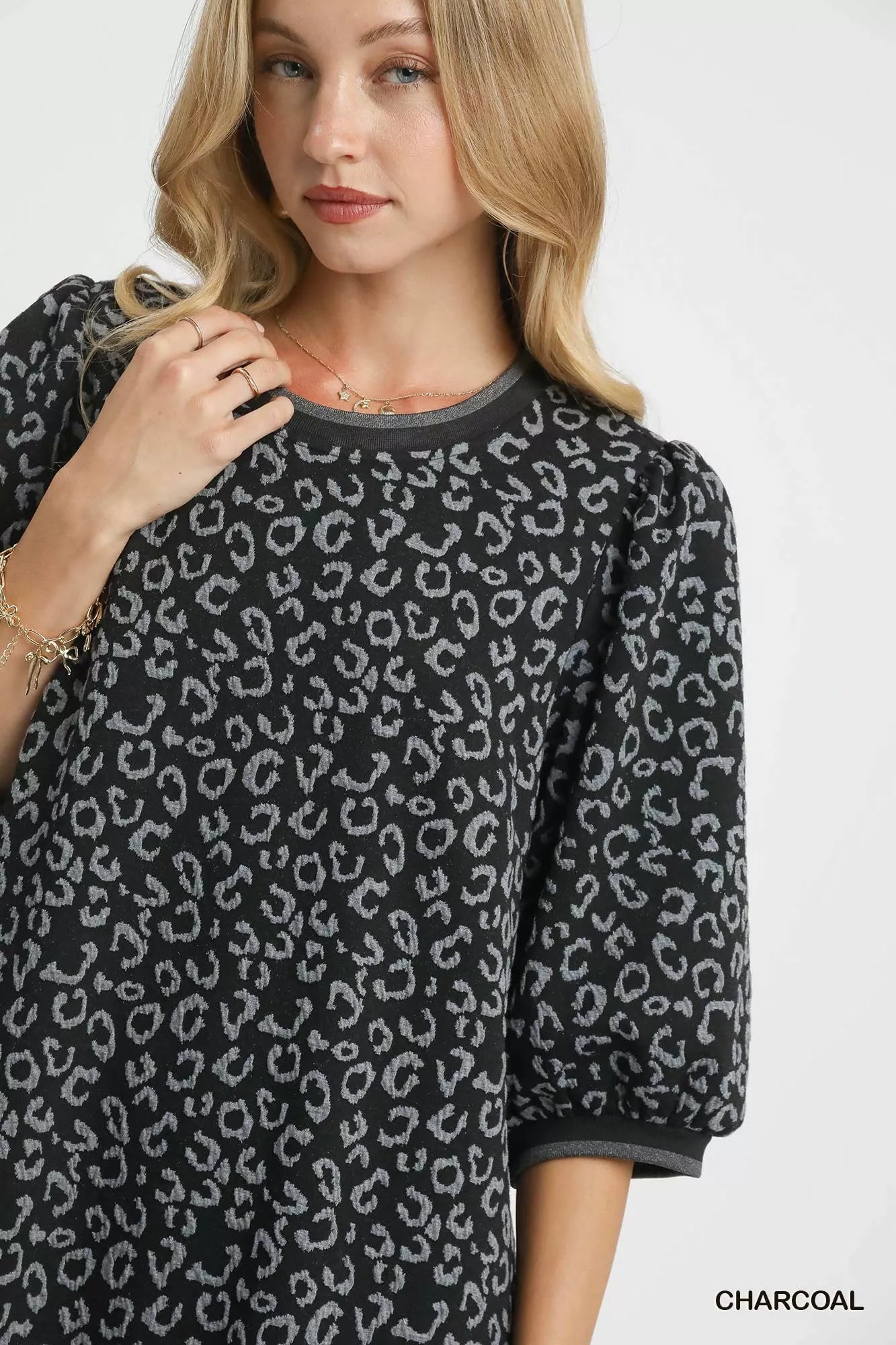Leopard Jacquard Puff Sleeve Mini Dress -