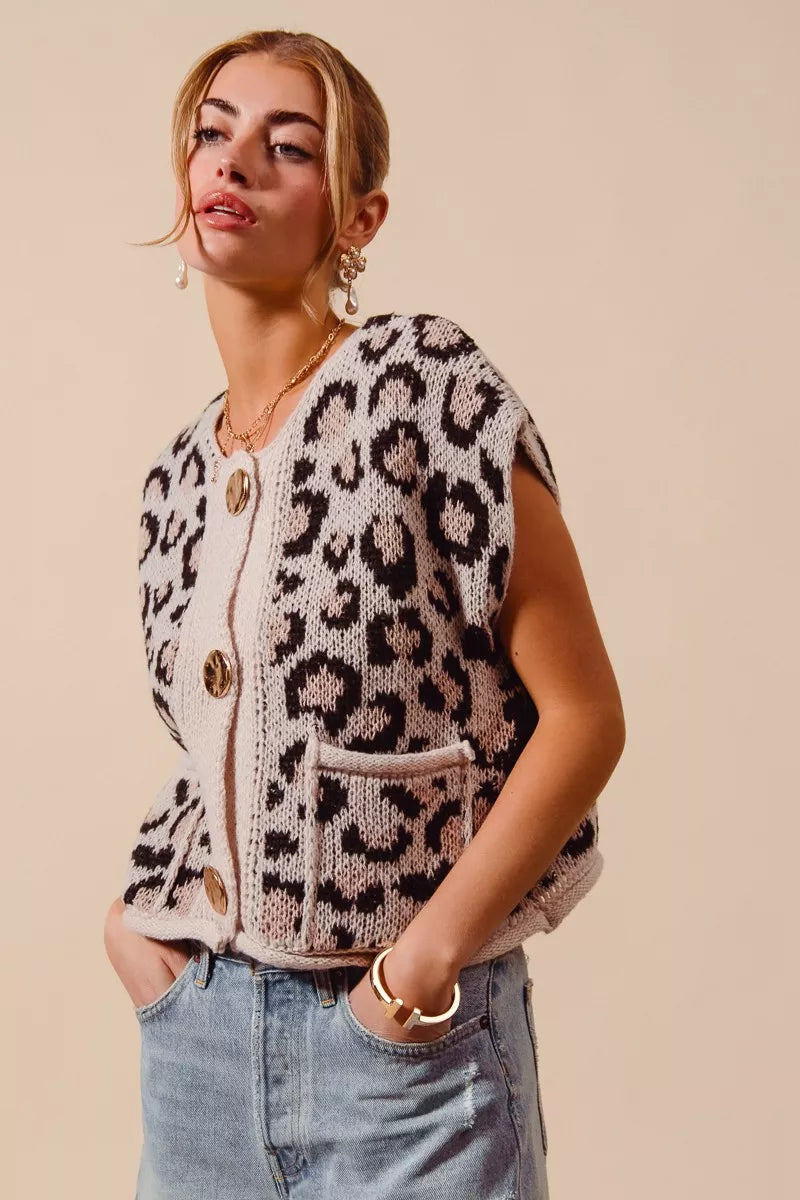 Leopard Metal Button Sweater Vest -