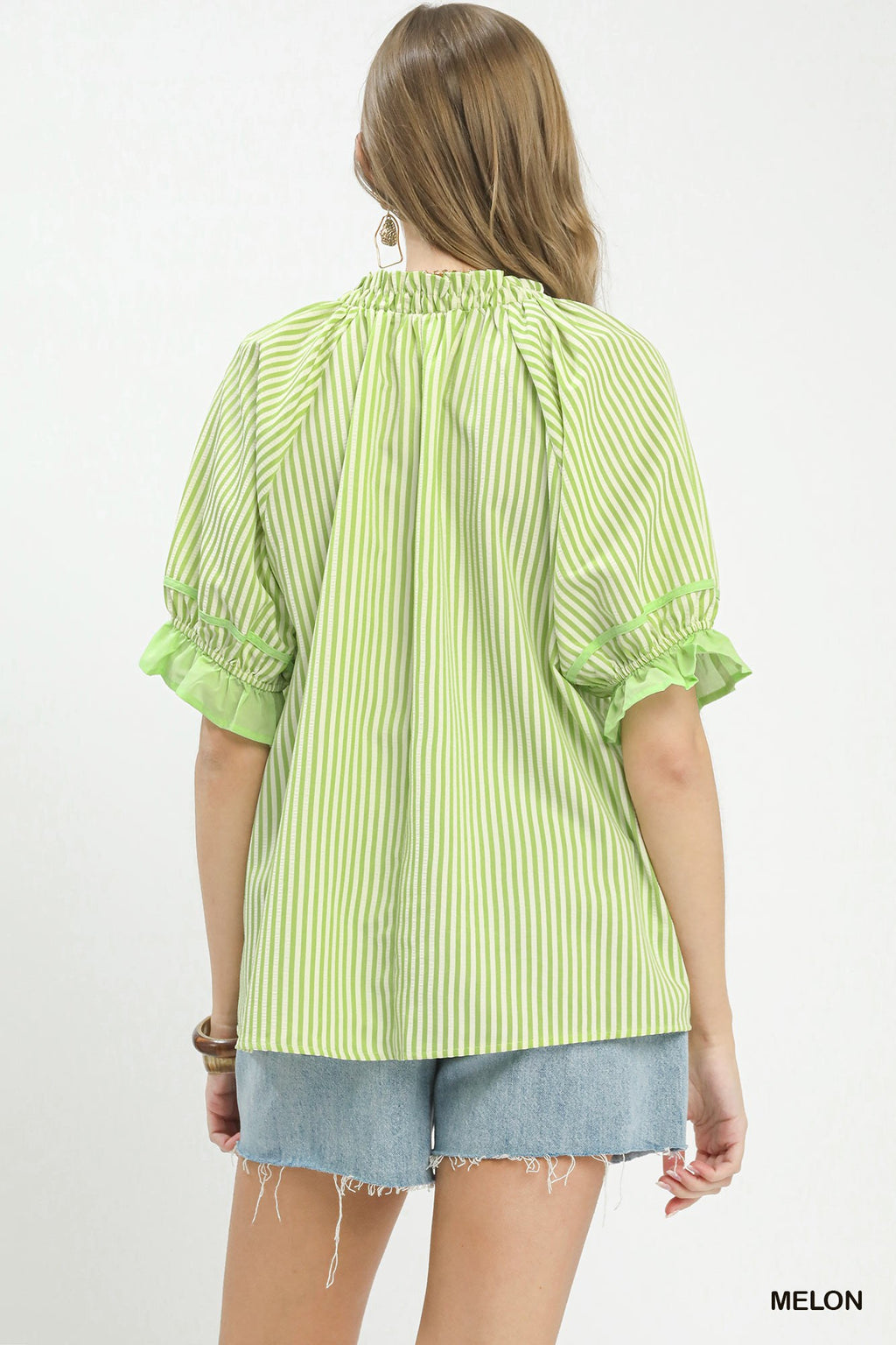 Stripe Ruffle Split Neck Blouse -
