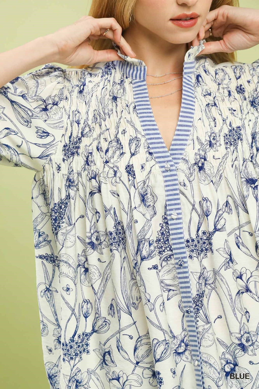 Blue Mixed Print Split Neck Blouse -