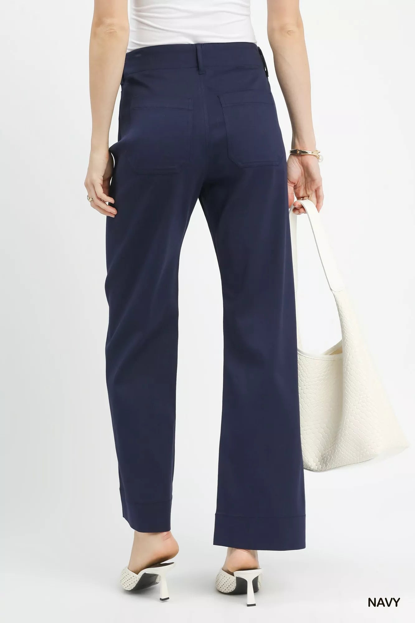 Button Detail Stretchy Straight Leg Pants -