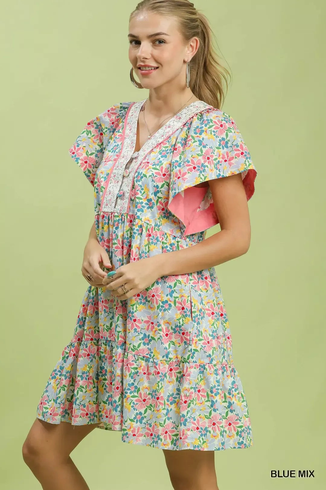 Floral Tiered Pocket Mini Dress -