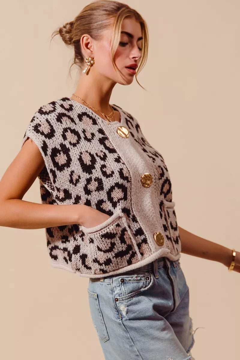 Leopard Metal Button Sweater Vest -