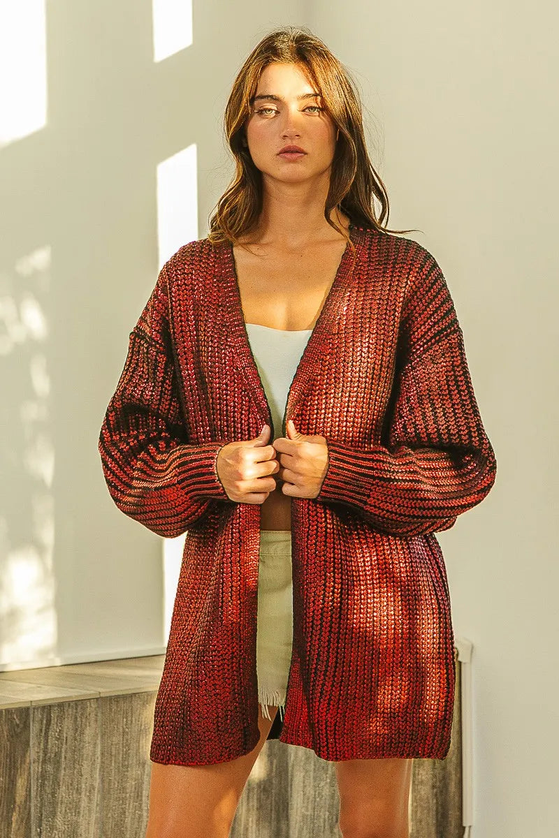 Metallic Knit Open Front Cardigan -