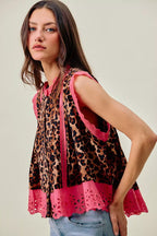 Leopard Pleated Sleeveless Blouse -
