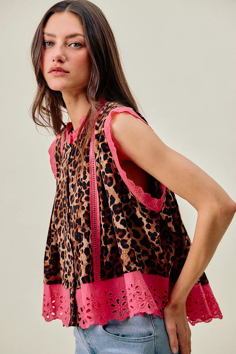 Leopard Pleated Sleeveless Blouse -