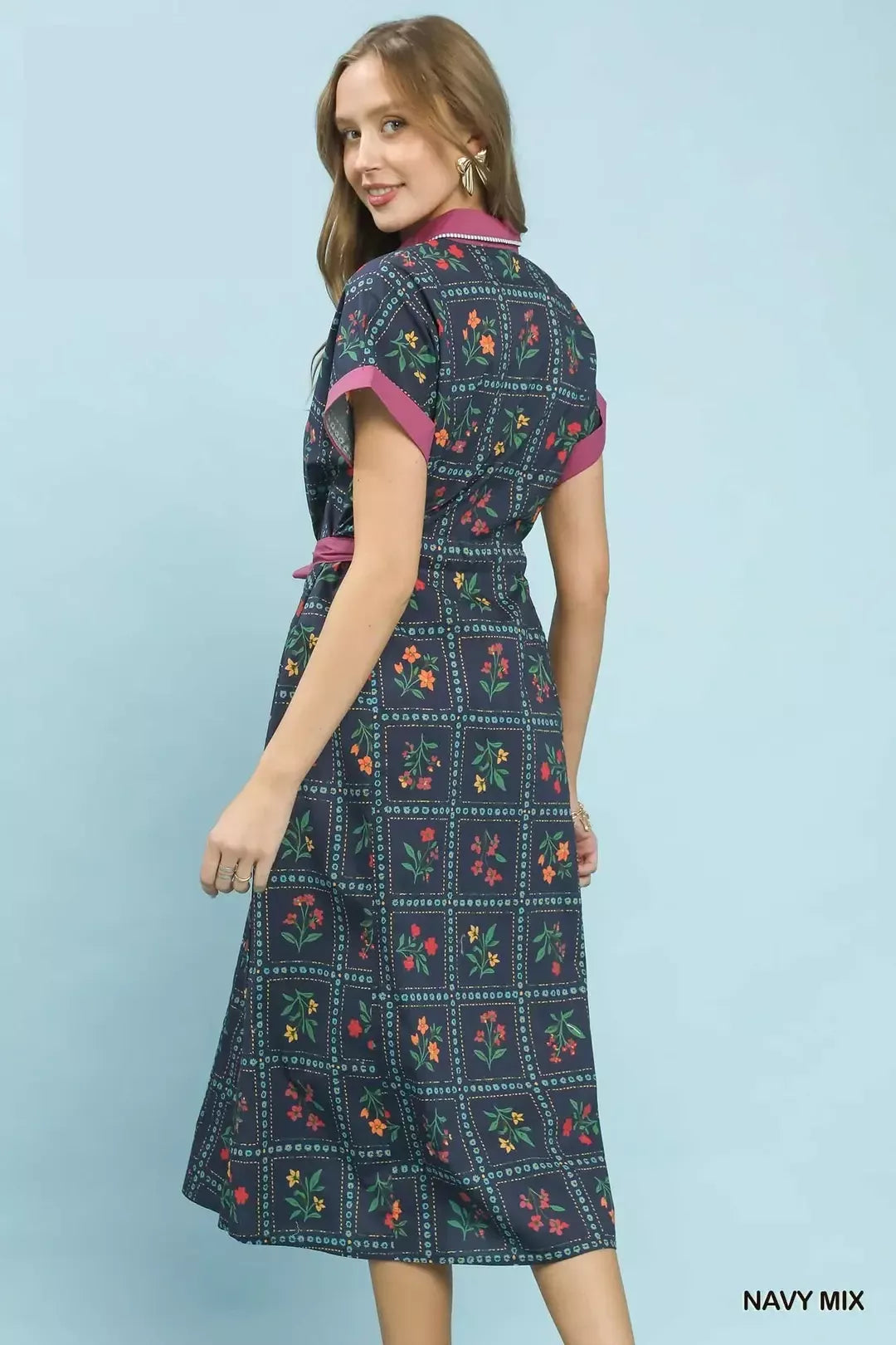 Mixed Floral Button Front Midi Dress -