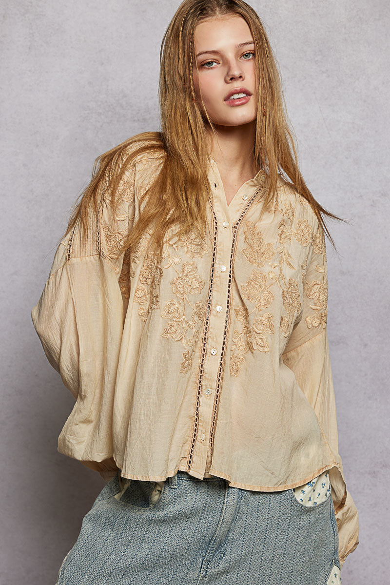 Embroidered Washed Button Down Shirt -