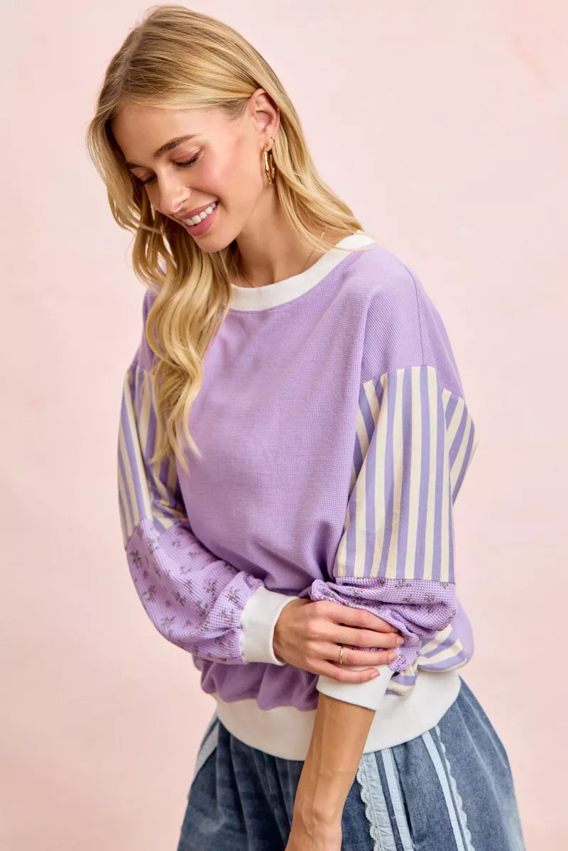 Floral Sleeve Striped Mix Match Sweatshirt -