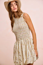 Floral Bow Tie Puff Sleeve Dress -