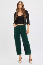 High Rise Barrel Corduroy Pants - HUNTER GREEN