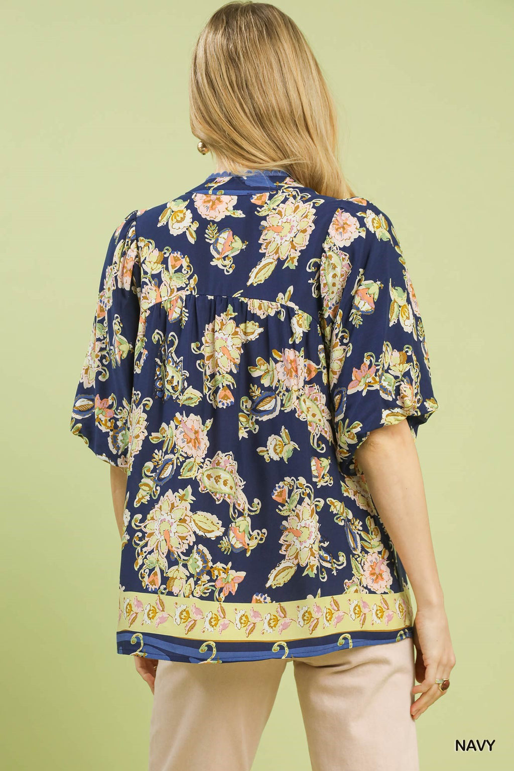 Floral Border Print V-Neck Blouse -
