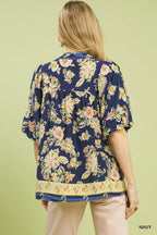 Floral Border Print V-Neck Blouse -