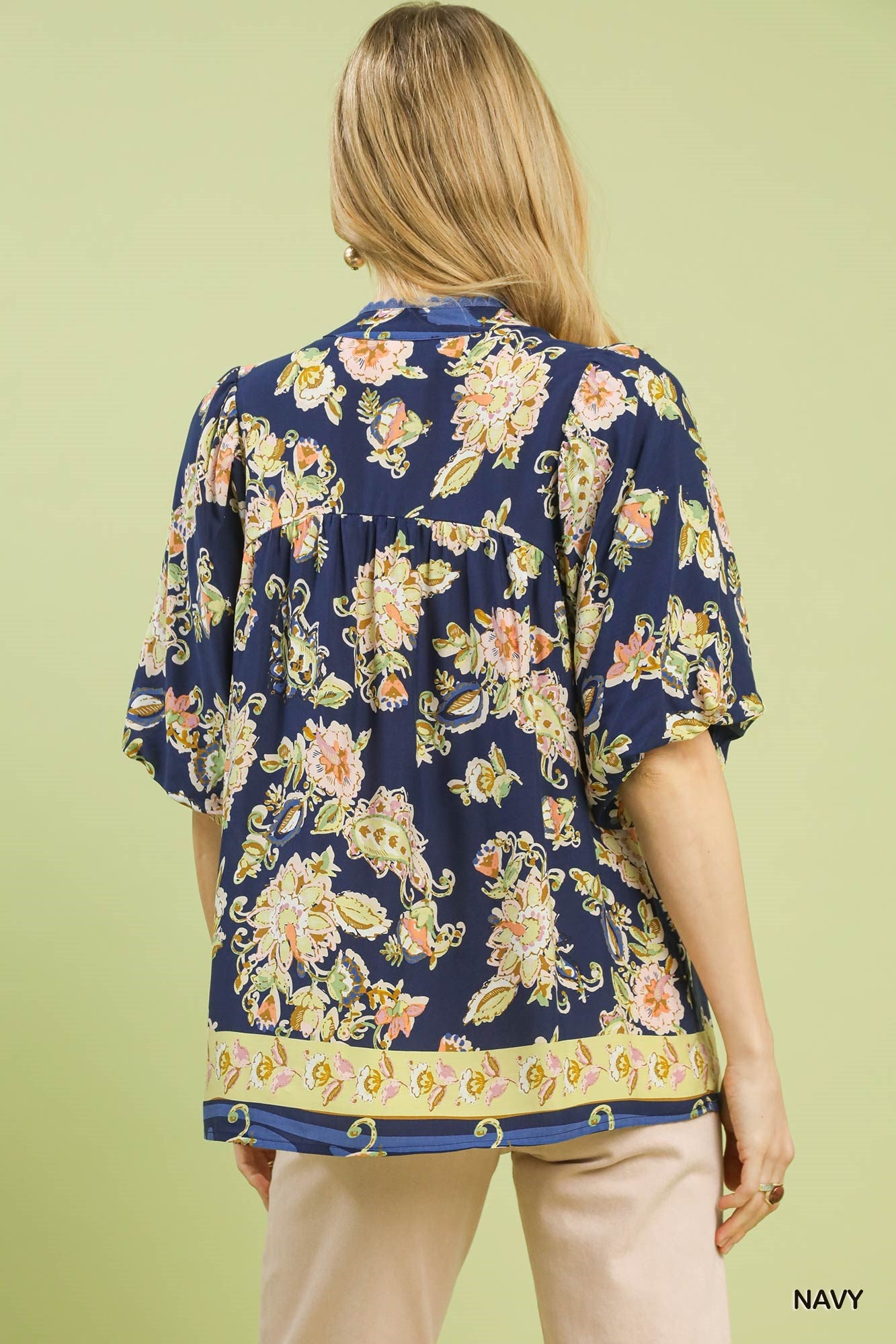 Floral Border Print V-Neck Blouse -