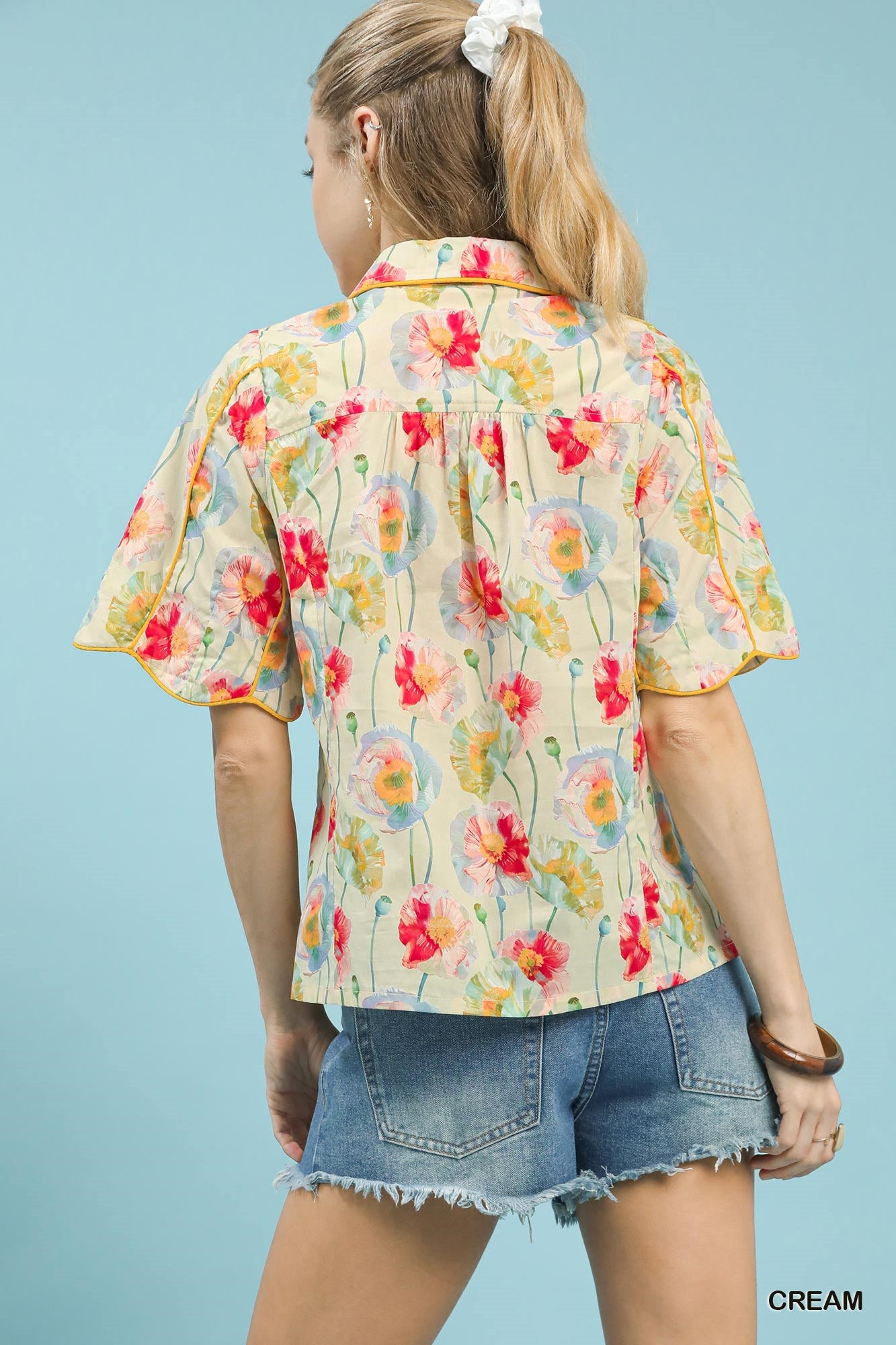 Floral Flutter Sleeve Button Down Blouse -