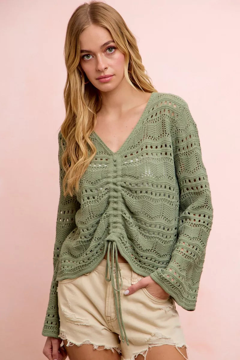 Pointelle Ruched V Neck Sweater -