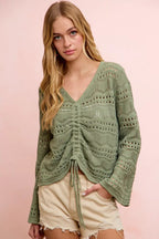 Pointelle Ruched V Neck Sweater -