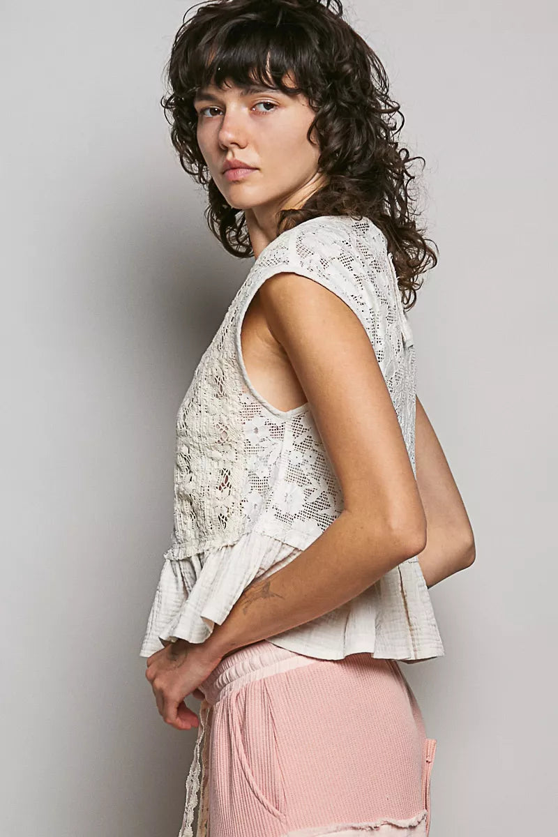 Lace Ruffle Sleeveless Peplum Blouse -