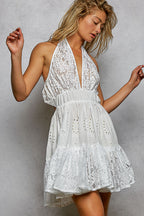 Lace Patch Halter Ruffle Mini Dress -