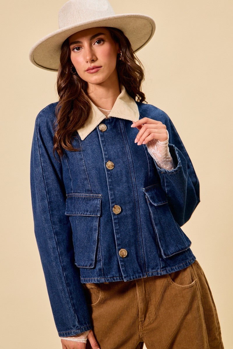 Contrast Collar Denim Jacket -