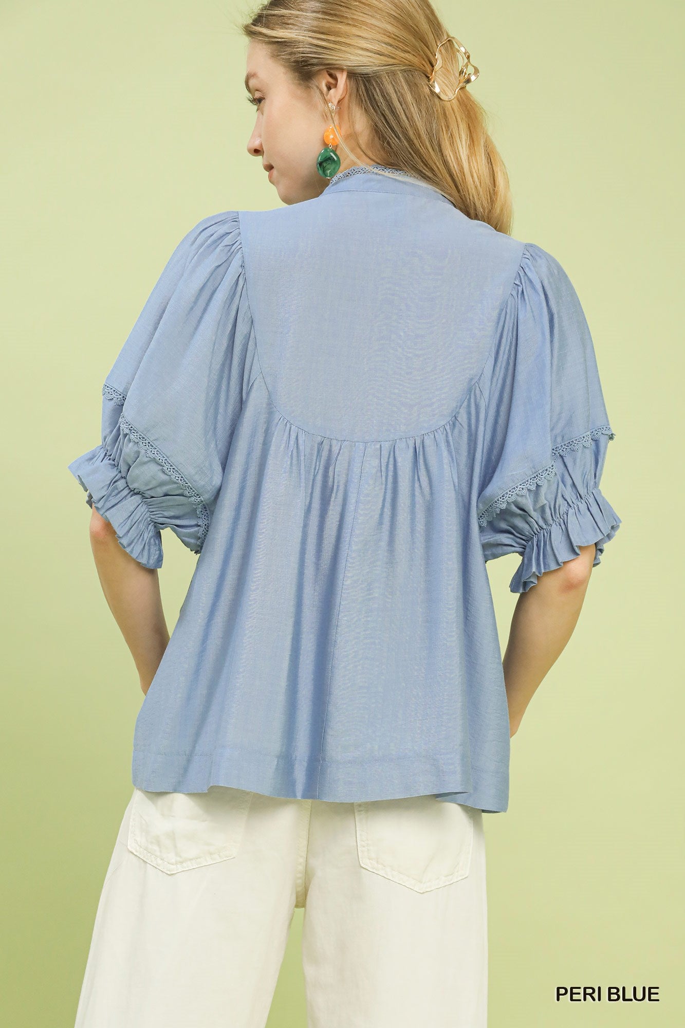 Smocked Yoke Ruffle Sleeve Blouse -