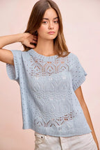 Pointelle Short Sleeve Knit Sweater -