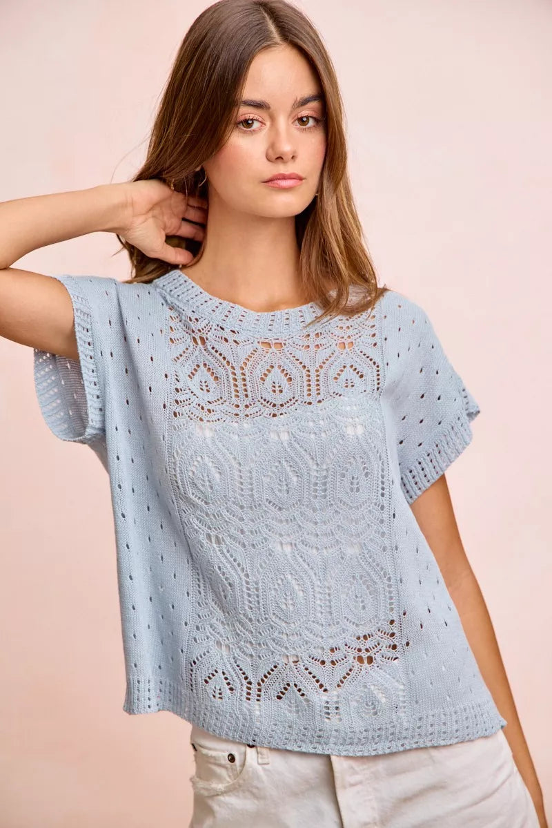 Pointelle Short Sleeve Knit Sweater -