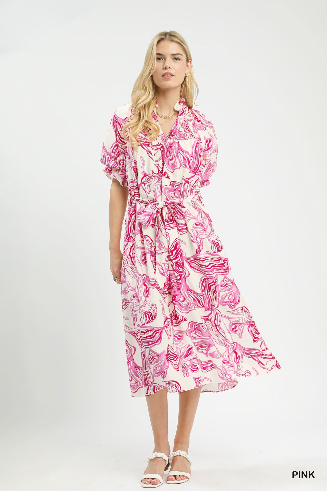 Abstract Print Tie Waist Midi Dress - PINK Main image