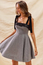 Houndstooth Fit Flare Shoulder Tie Dress -