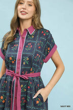 Mixed Floral Button Front Midi Dress -