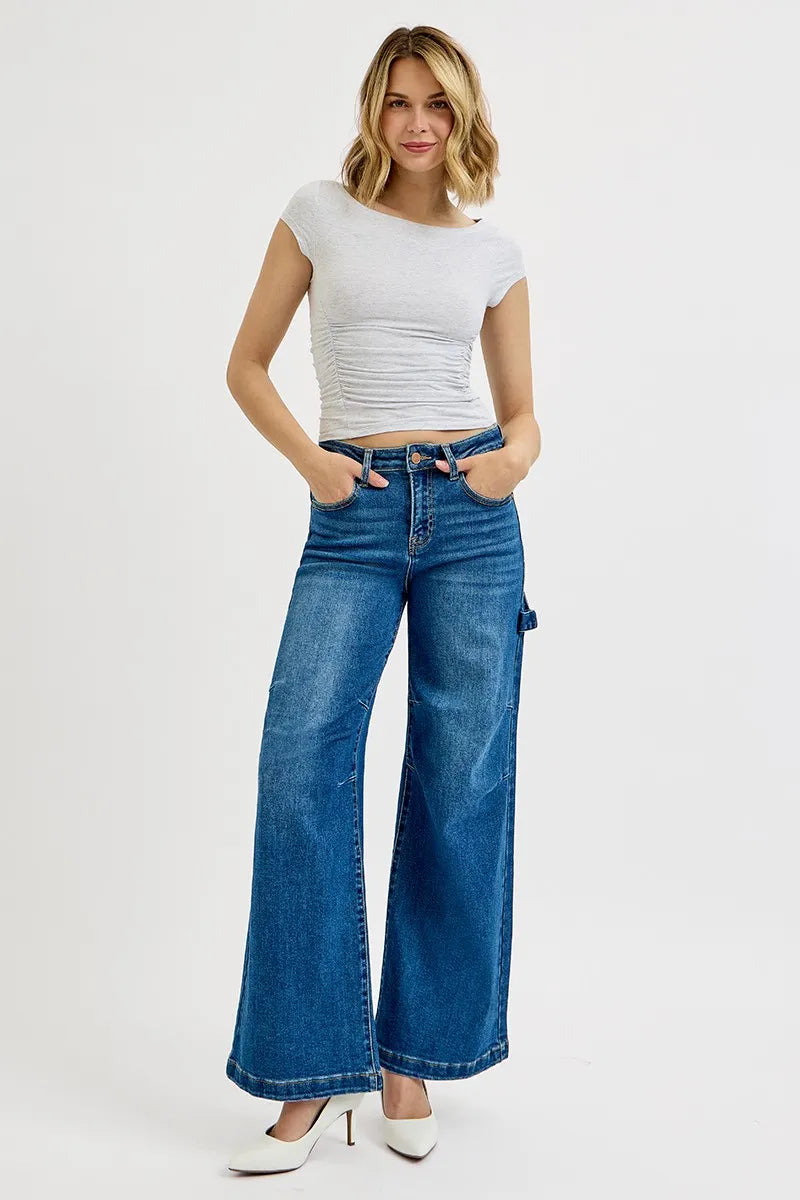 High Rise Patch Detail Wide Jeans - DARK