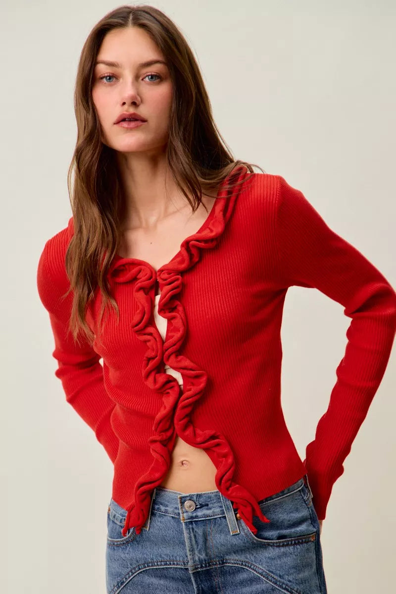 Cascade Ruffle Ribbed Cardigan -
