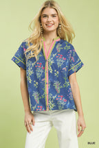 Botanical Floral Button Front Blouse - Blue