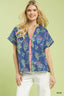 Botanical Floral Button Front Blouse - Blue
