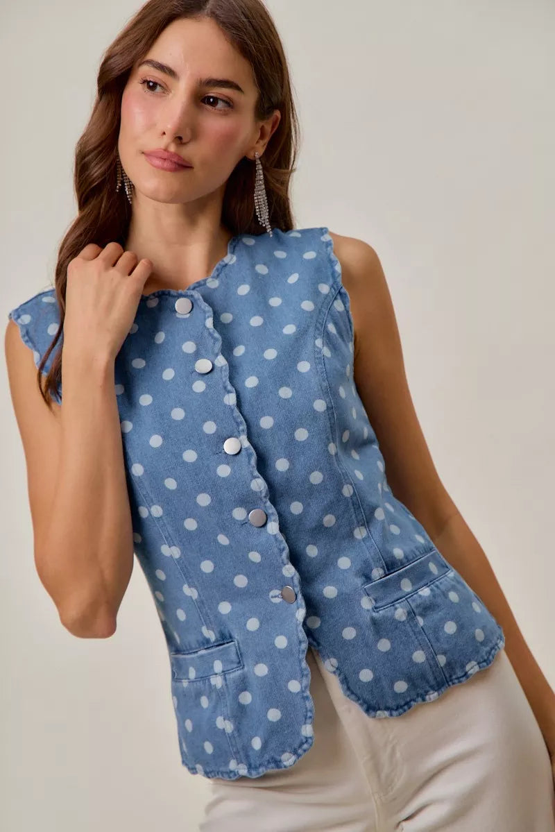 Polka Dot Scalloped Denim Vest - DENIM Main image