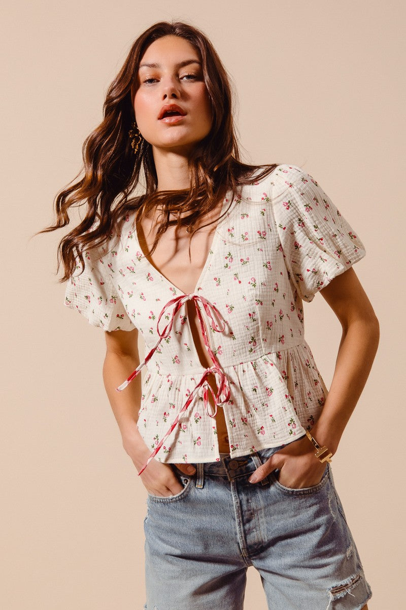 Ditsy Tie-Front Gauze Blouse -