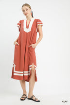 Contrast Neckline Linen Midi Dress - CLAY