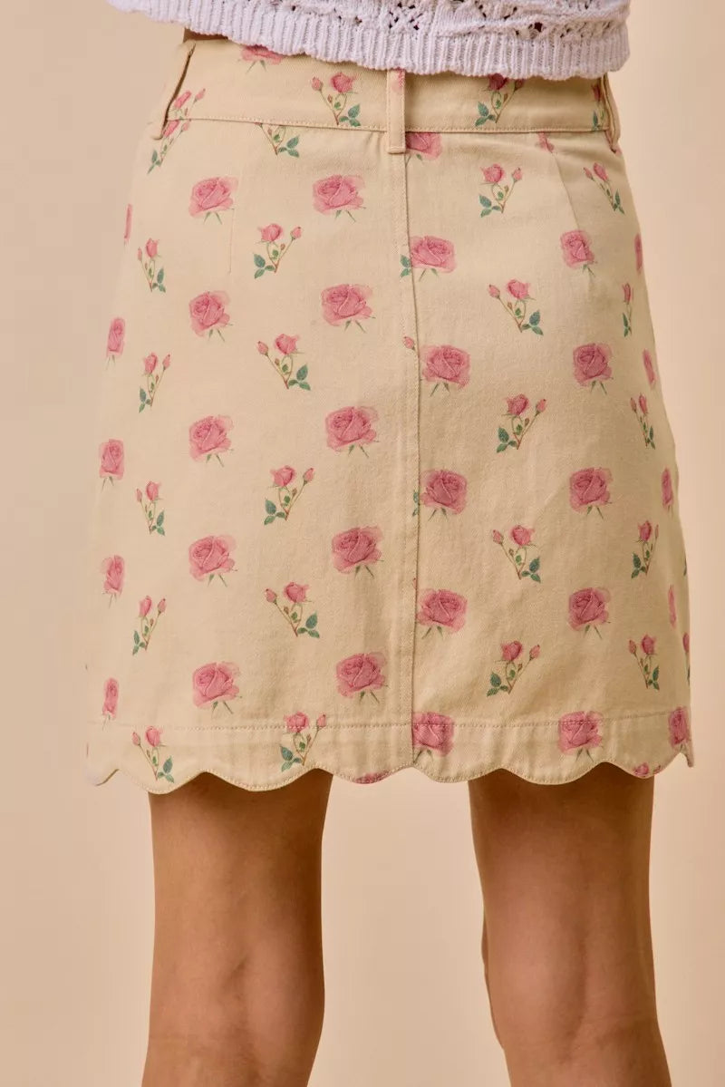 Rose Print Scallop Mini Skirt -