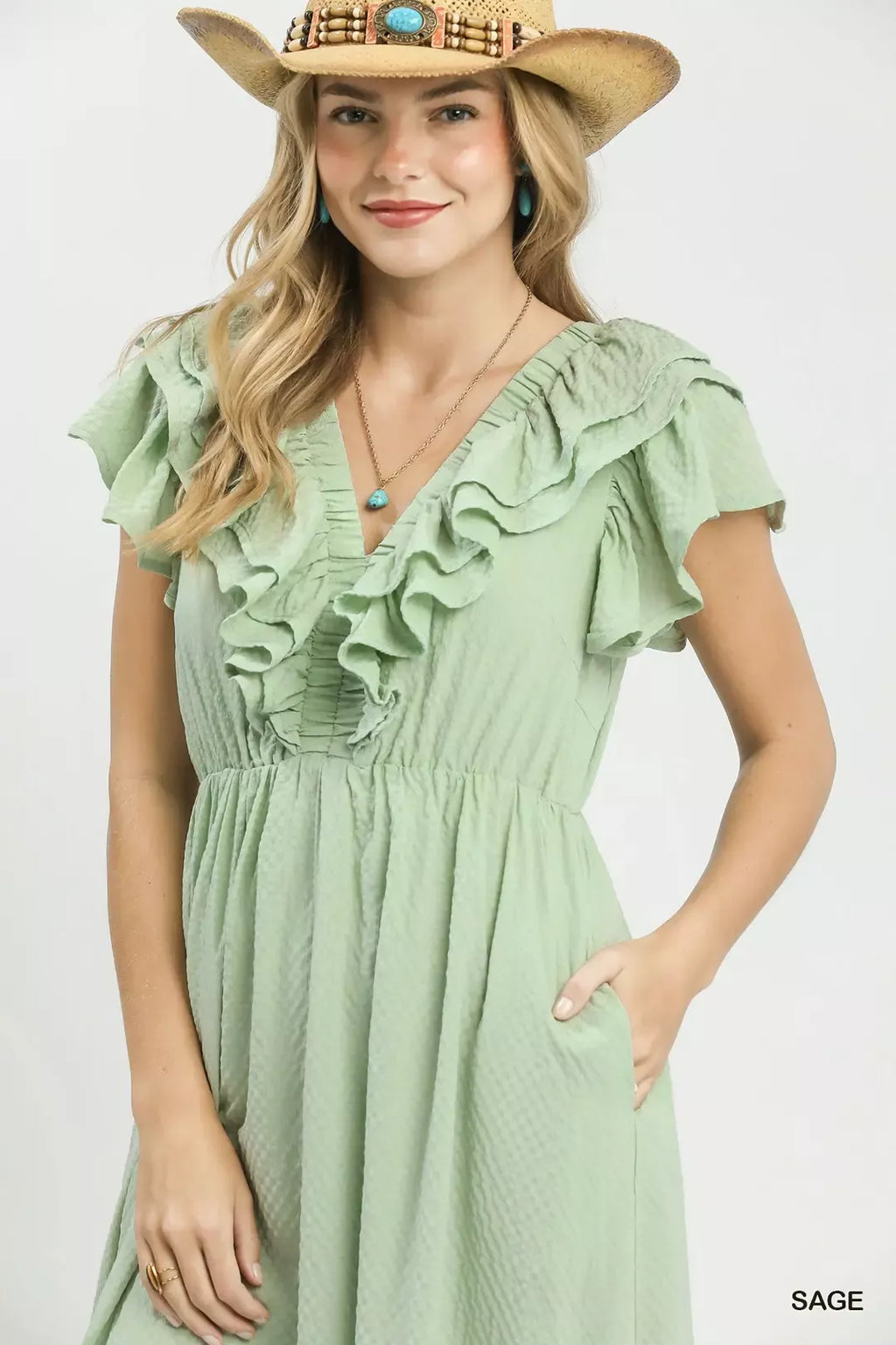Textured Ruffle Sleeve Midi Dress -