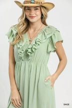 Textured Ruffle Sleeve Midi Dress -