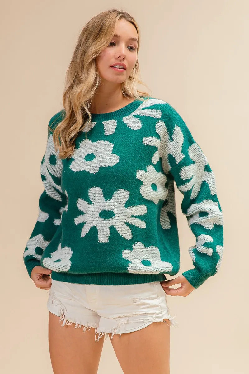 Flower Pattern Long Sleeve Sweater -