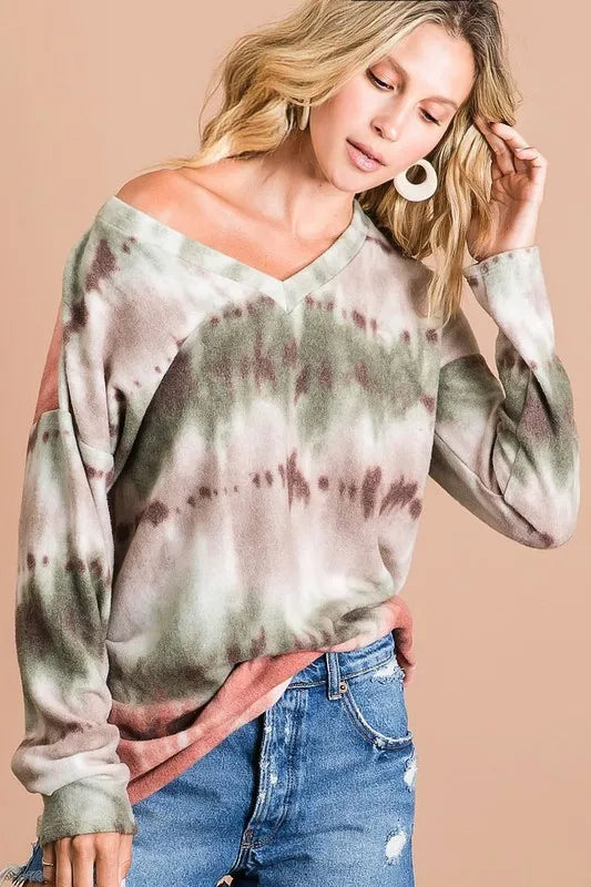 Brushed Tie Dye V Neck Top -