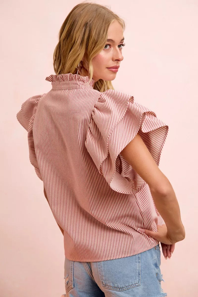 Striped Twill Ruffle Sleeve Blouse -