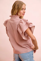 Striped Twill Ruffle Sleeve Blouse -