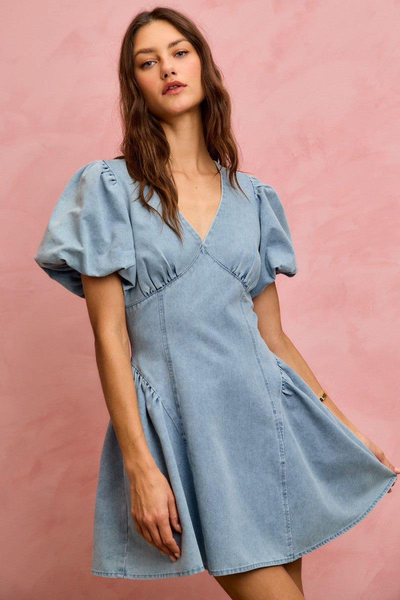 Denim Puff Sleeve Mini Dress -