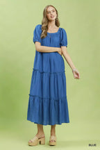 Blue Textured Tiered Puff Sleeve Dress - BLUE