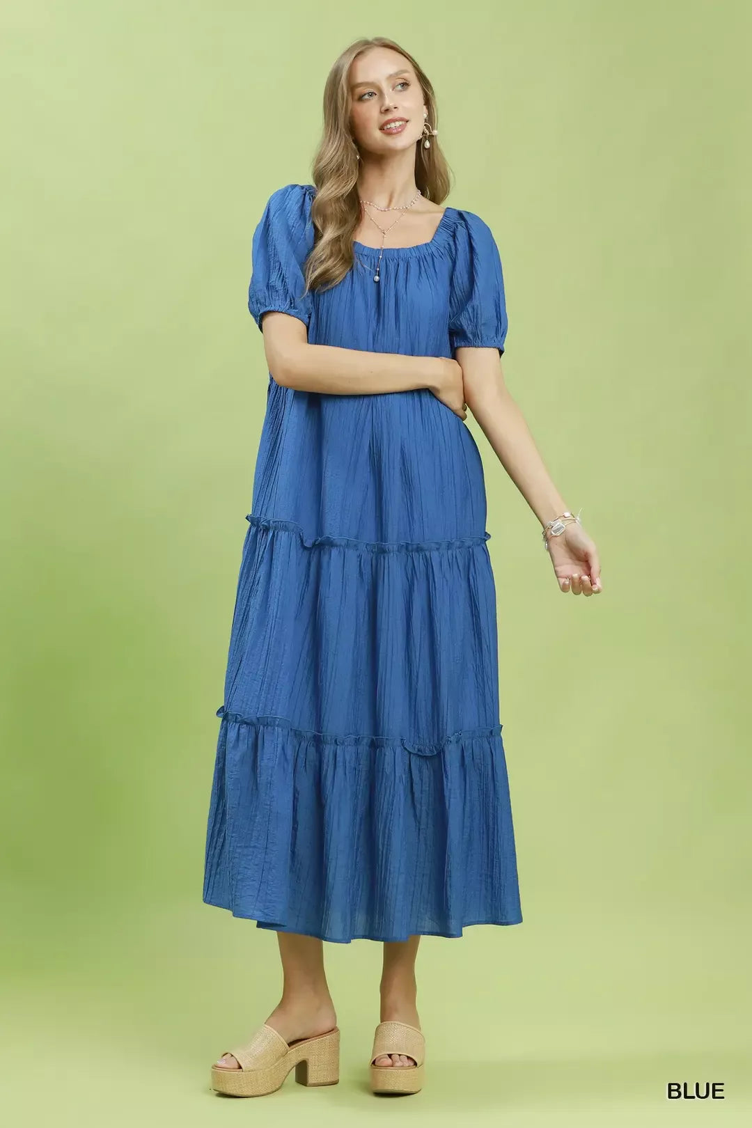 Blue Textured Tiered Puff Sleeve Dress - BLUE